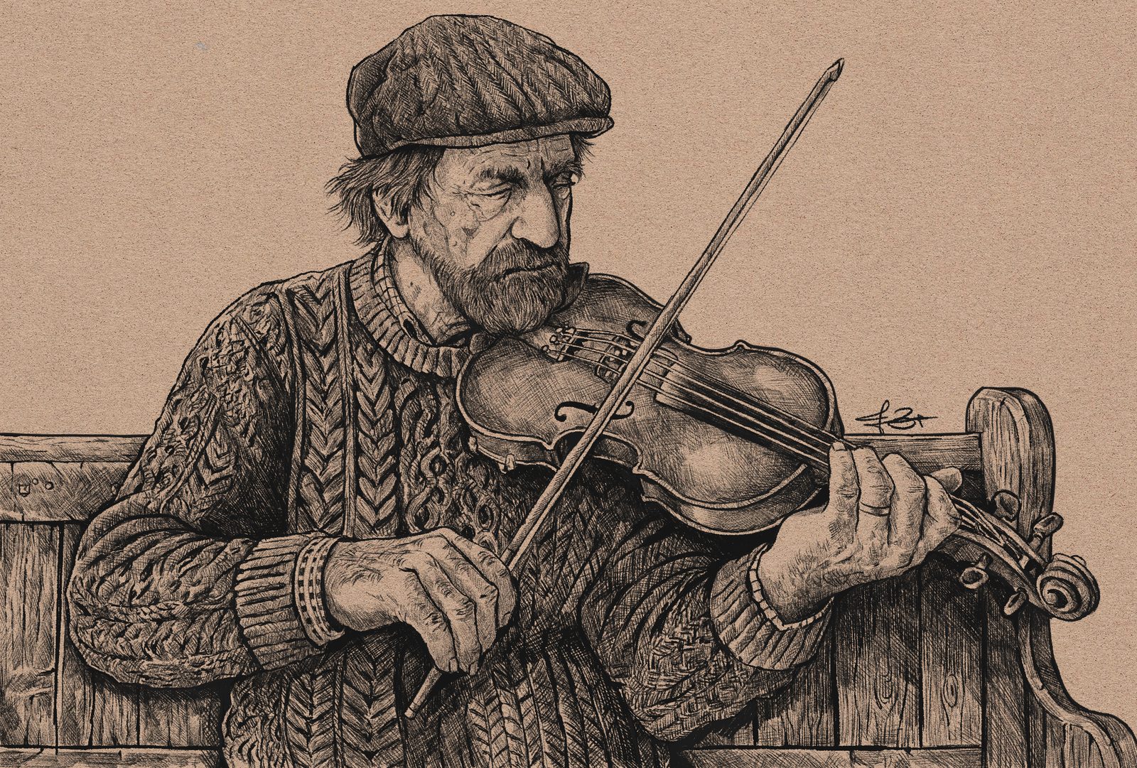 An elderly man playing violin on a bench, pen-and-ink style