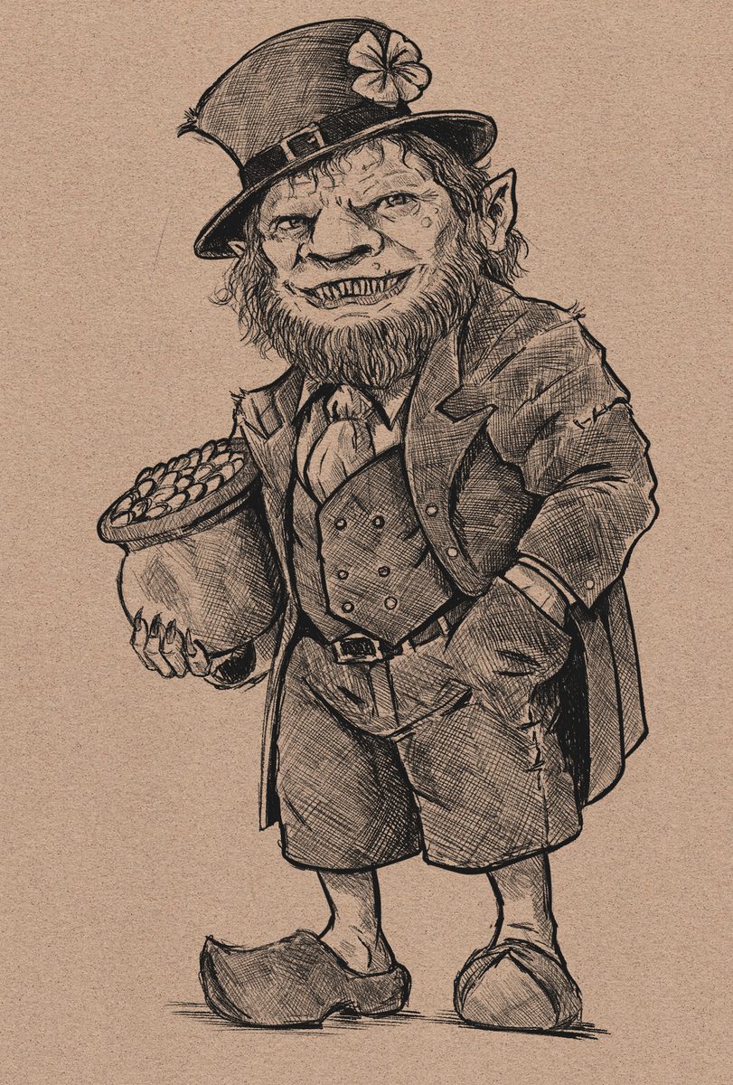 A menacing leprechaun clutching a pot of gold, pen-and-ink style