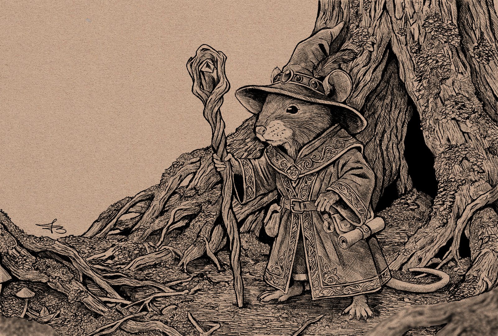 A mouse dressed as a wizard holding a gnarled staff, detailed pen-and-ink style on warm paper