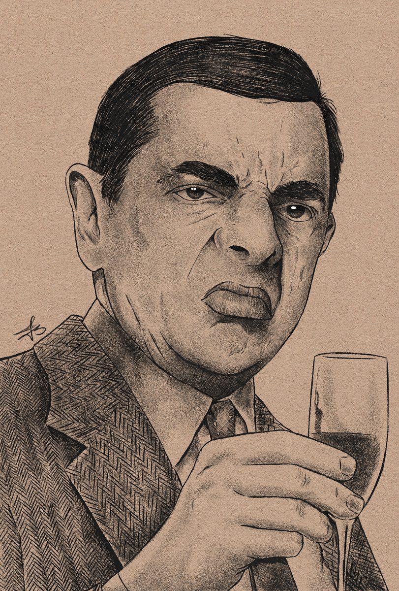 Portrait of a stern man holding a wine glass, detailed pen-and-ink style