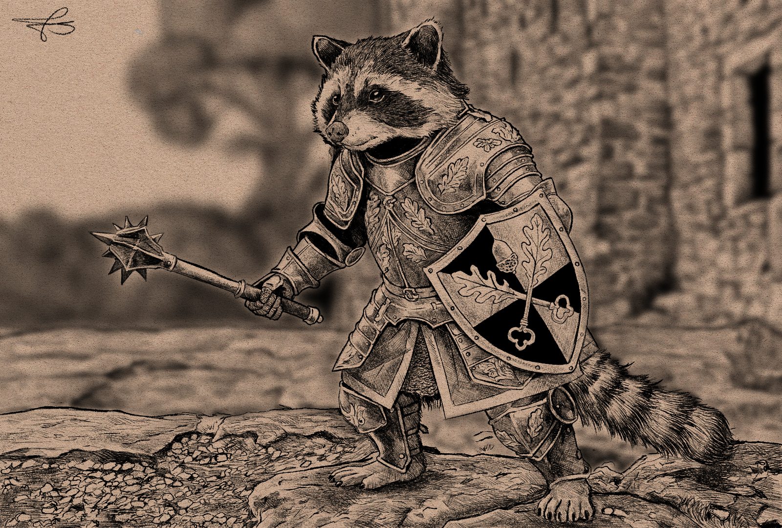 A raccoon in ornate armour wielding a mace and shield, pen-and-ink style