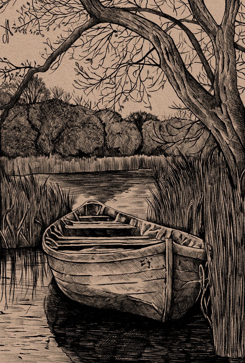 A peaceful lake landscape, detailed pen-and-ink style